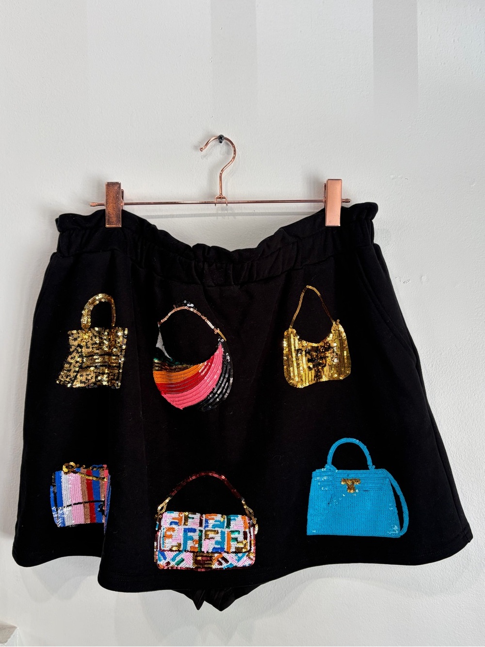 QUEEN OF SPARKLES Black Sequin Handbag Appliqué Skort